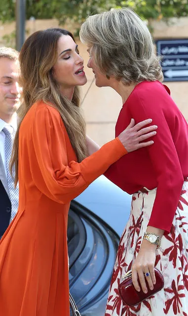 Belgium's Queen Mathilde (R) is welcomed by Jordan's Queen Rania at Jordan River Foundation in Amman, Jordan, October 25, 2016. (Photo by Yves Herman/Reuters)