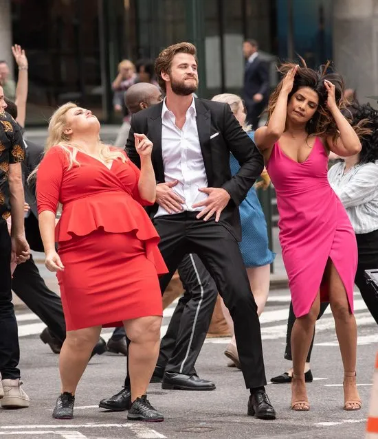 Priyanka Chopra, Rebel Wilson and Liam Hemsworth are seen filming a scene for “Isn't It Romantic?” in Midtown on July 15, 2018 in New York City. (Photo by  Janet Mayer/Startraksphoto.com)