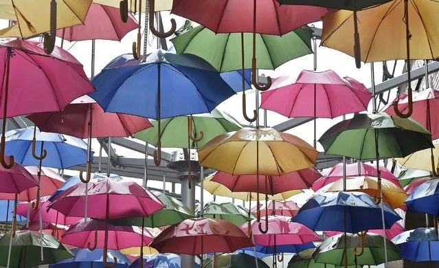 A sculpture constructed of umbrellas is seen in the rain in a street in central London, Britain, January 3, 2016. (Photo by Toby Melville/Reuters)