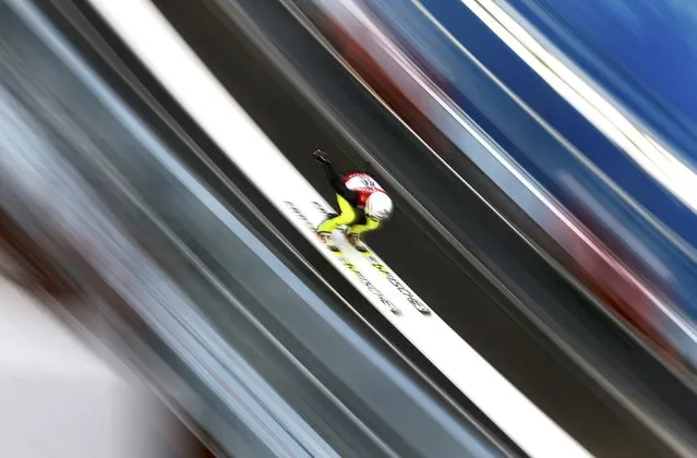 Daniela Iraschko-Stolz of Austria speeds down the jump during a training session of the women's Individual normal hill HS100 ski jumping at the Nordic World Ski Championships in Falun February 18, 2015. (Photo by Kai Pfaffenbach/Reuters)