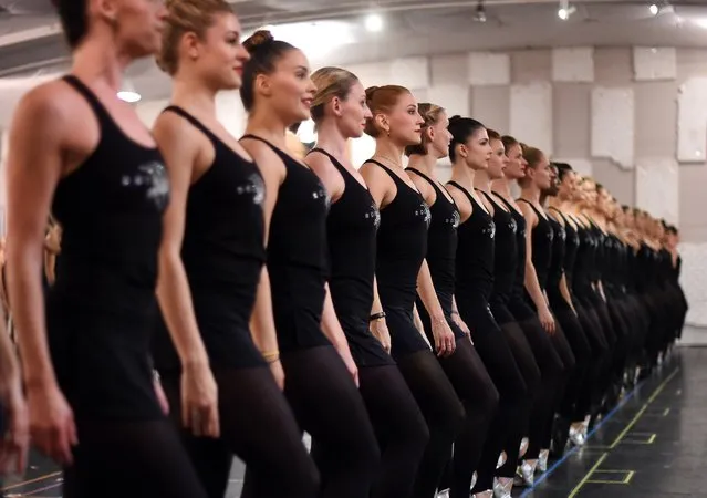 The Rockettes rehearse for their 2015 production of Radio City Christmas Spectacular titled "New York at Christmas" during a press preview at St. Paul the Apostle Church on October 15, 2015, in New York City. (Photo by Timothy A. Clary/Getty Images)