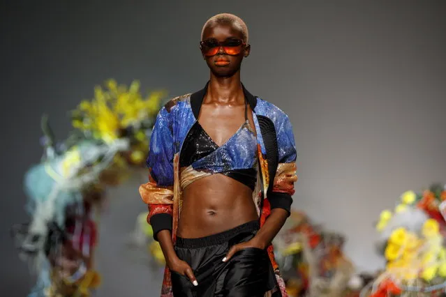 A model presents a creation by Fyodor Golan at the London Fashion Week, in London, Britain, 15 September 2018. (Photo by Tolga Akmen/EPA/EFE)