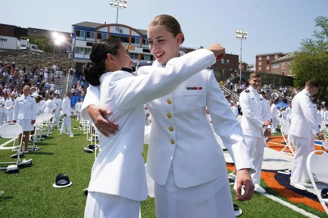 Cadets celebrate their graduation during the U.S. Coast Guard Academy commencement ceremony in New London, Connecticut, May 19, 2021. (Photo by Kevin Lamarque/Reuters)