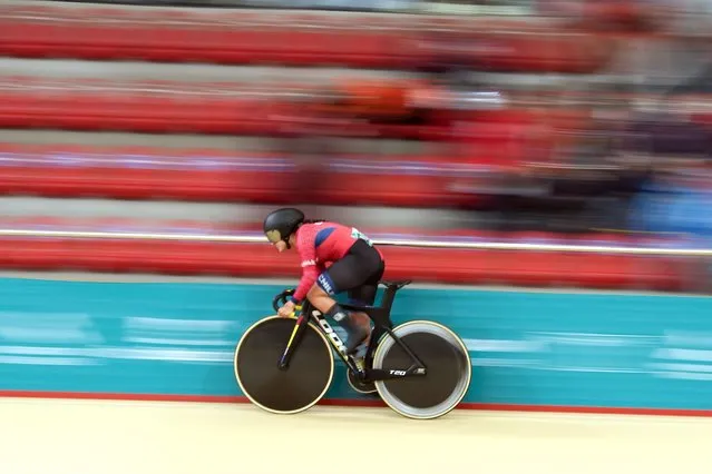 Chile's Paula Molina competes in the women's cycling track sprint qualifier at the Pan American Games in Santiago, Chile, Thursday, October 26, 2023. (Photo by Fernando Vergara/AP Photo)