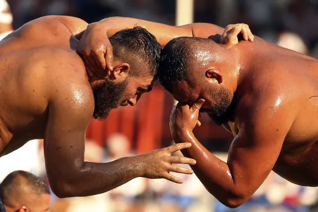 Wrestlers, doused in olive oil, compete during the 660th instalment of the annual Historic Kirkpinar Oil Wrestling championship, in Edirne, northwestern Turkey, Saturday, July 10, 2021. (Photo by Emrah Gurel/AP Photo)