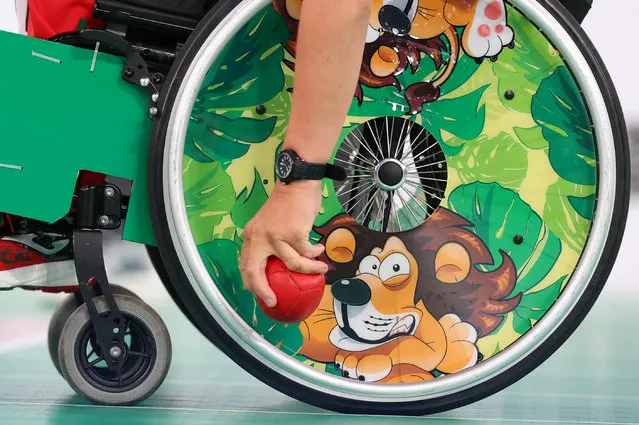 A close-up of the artwork on the wheelchair of Portugal’s Boccia player Cristina Goncalves at Ariake Gymnastics Centre in Tokyo, Japan on August 28, 2021. (Photo by Thomas Peter/Reuters)