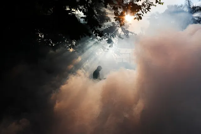 An Indian municipal worker fumigates an area in Prayagraj, Uttar Pradesh, India, Wednesday, September 29, 2021. (Photo by Rajesh Kumar Singh/AP Photo)