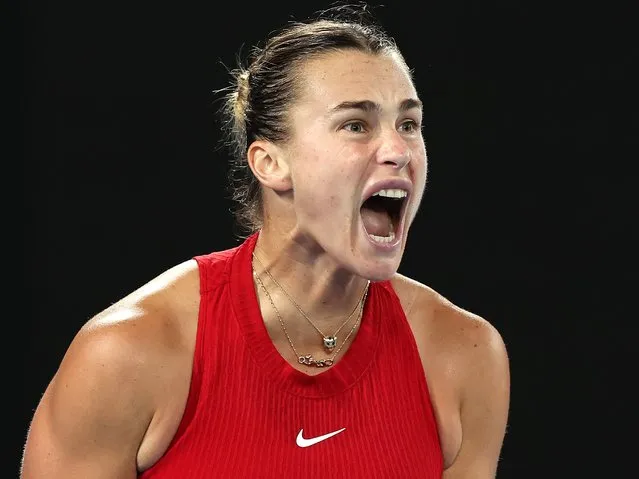 Belarus' Aryna Sabalenka reacts on a point against USA's Coco Gauff during their women's singles semi-final match on day 12 of the Australian Open tennis tournament in Melbourne on January 25, 2024. (Photo by Martin Keep/AFP Photo)