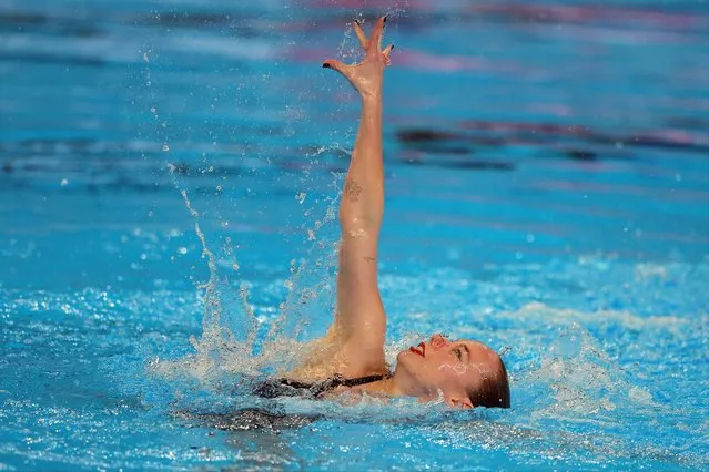 Belarus' Vasilina Khandoshka competes in the preliminary round of the women's solo technical artistic swimming event during the 2024 World Aquatics Championships at Aspire Dome in Doha on February 2, 2024. (Photo by Evgenia Novozhenina/Reuters)