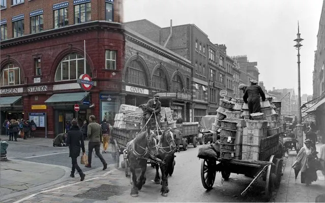 A street scene in London’s Covent Garden with the underground station and a horse and cart in the background in c.1930 and the same street in 2014. (Photo by Museum of London/Streetmuseum app)