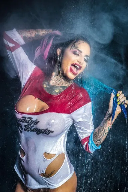 The bisexual glamour model, UK “Ex On The Beach” star Jemma Lucy poses naked and flashes extensive tattoos in X-rated shoot as Margot Robbie’s “Suicide Squad” character Harley Quinn. (Photo by Xposure Photos)