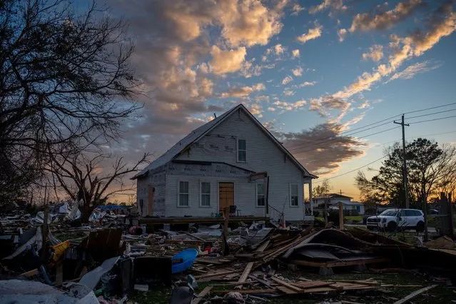 A tornado-damaged home is seen amongst wreckage in the Arabi neighborhood on March 24, 2022 in New Orleans, Louisiana. Two tornados struck New Orleans on Tuesday, leaving several neighborhoods damaged and at least one person dead. (Photo by Brandon Bell/Getty Images)
