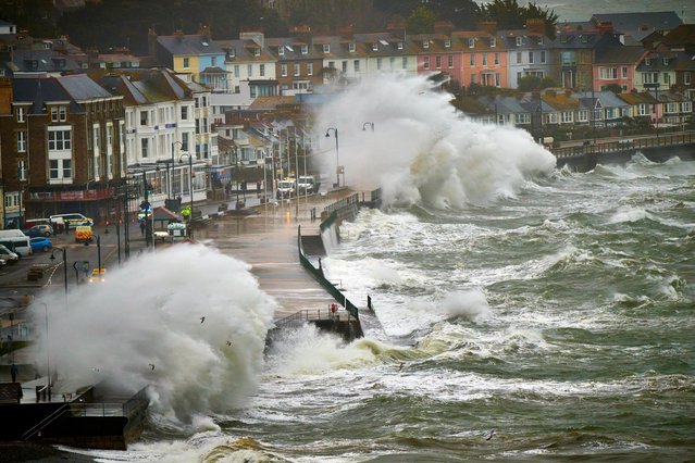 Storm Kathleen continued to pound Penzance in west Cornwall, UK on April 8, 2024. The emergency services had to close both the promenade and the main coastal road as tremendous waves crashed over the seafront opposite the Queens Hotel. (Photo by Kris Meaden/Apex News)