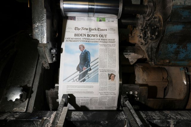 The front page of the New York Times is printed the day U.S. President Joe Biden announced that he is dropping his reelection bid, at the New York Times College Point Printing Plant in Queens New York City, New York, U.S., July 21, 2024. (Photo by Caitlin Ochs/Reuters)