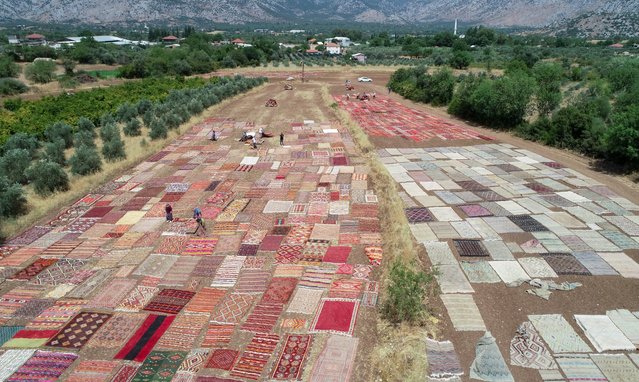 An aerial view of hand-woven authentic Turkish rugs laid under the sun to complete the coloring process and sanitize in Dosemealti district of Antalya, Turkiye on July 03, 2024. Most of the work on the thousands of hand-woven carpets and rugs laid out in Antalya's fields, from the initial laying to the dyeing process, is done by women. In the spring, women work for days to harvest agricultural produce, and in the summer they turn carpets and rugs into pastels by fading their colors and disinfecting them from germs. (Photo by Orhan Cicek/Anadolu via Getty Images)