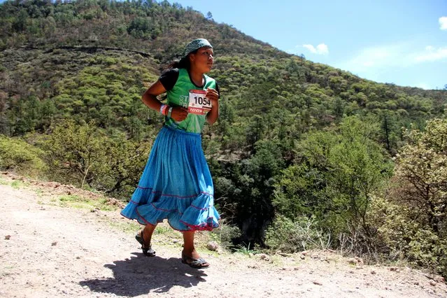 A Raramuris indigenous woman takes part in the “Ultra maraton de los Canones 2017” (Ultra marathon of the Canyons), at La Sinforosa Canyon, in Guachochi, Chihuahua state, Mexico on July 15, 2017. More than 600 participants from different countries take part in the 63 and 100 kilometers races, along the Tarahumara mountain range. (Photo by Herika Martinez/AFP Photo)