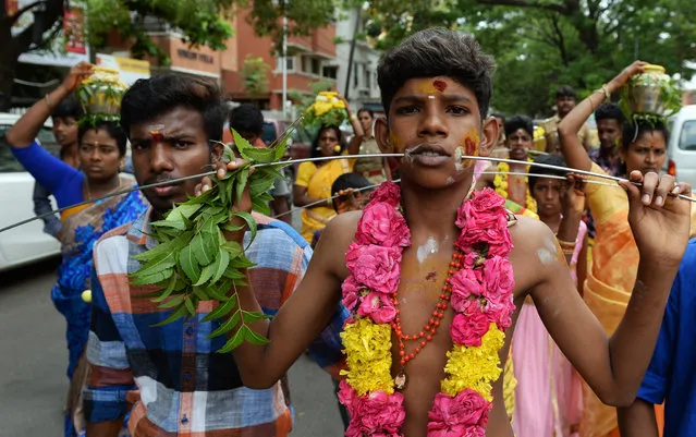 A Indian Hindu devotee with his mouth pierced with metal rod performs a ritual on the occasion of 'Aadi' festival in Chennai on August 4, 2017. Aadi is considered a holy month by Tamils and is celebrated with rituals worshipping Hindu gods. (Photo by Arun Sankar/AFP Photo)