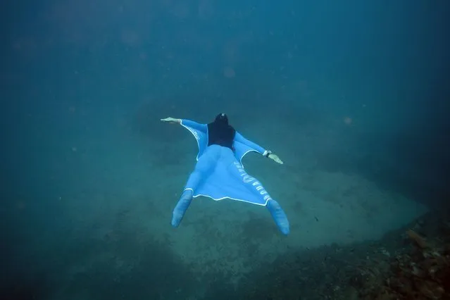 Free diver, Pierre Frolla wears a prototype of wet suit “Oceanwings” on August 13, 2017 in  Monaco. This Aqualung-made wet suit allows to plane underwater. (Photo by Boris Horvat/AFP Photo)