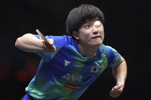 Tomokazu Harimoto of Japan serves match point against Patrick Franziska of Germany during the Men's Singles Round of 16 match on day one of the WTT Cup Finals Xinxiang 2022 at Xinxiang Pingyuan Sports Center on October 27, 2022 in Xinxiang, Henan Province, China. (Photo by Lintao Zhang/Getty Images)
