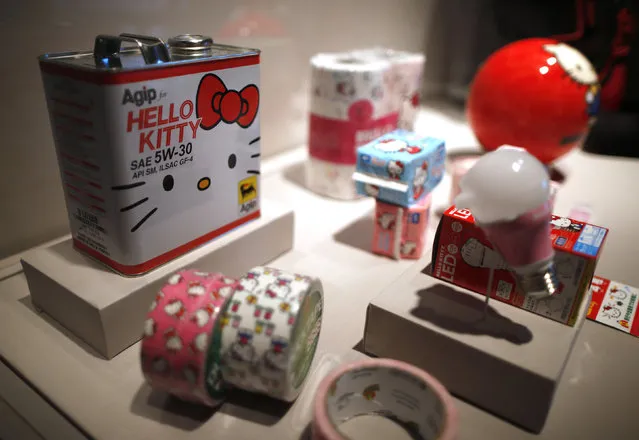Hello Kitty motor oil, toilet paper, and a bowling ball are among items in a display case at the “Hello! Exploring the Supercute World of Hello Kitty” museum exhibit in honor of Hello Kitty's 40th anniversary, at the Japanese American National Museum in Los Angeles, California October 10, 2014. (Photo by Lucy Nicholson/Reuters)