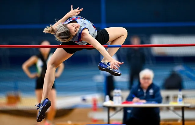 Gráinne Moggan of Dundrum South Dublin AC, competes in the Women's High Jump during the 123.ie National Indoor League Final at Sport Ireland National Indoor Arena in Dublin, Ireland on February 11, 2023. (Photo by Ben McShane/Sportsfile)