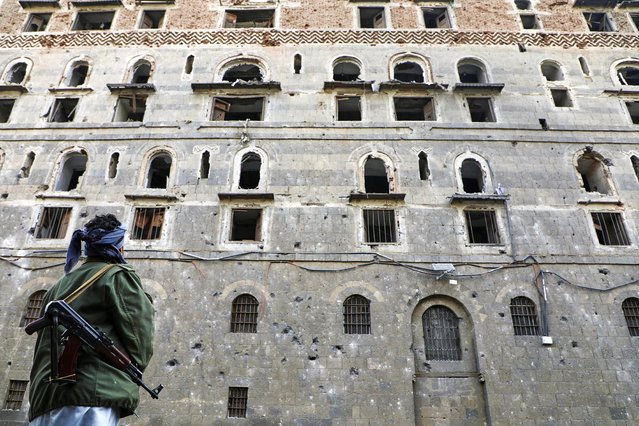 A man inspects the damage at the National Museum, following the Israeli airstrikes on Wednesday in Sanaa, Yemen, Thursday, September 11, 2025. (Photo by Osamah Abdulrahman/AP Photo)