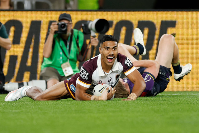 Deine Mariner of the Broncos celebrates scoring a try during the NRL Grand Final match between the Melbourne Storm at Brisbane Broncos at Accor Stadium on October 05, 2025 in Sydney, Australia. (Photo by Darrian Traynor/Getty Images)