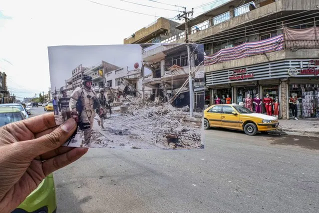 A photo of U.S. troops arriving at the site of a bomb blast in Baghdad's Camp Sara, a mainly Christian neighborhood, Wednesday, Oct. 4, 2006, is inserted into the scene at the same location on Tuesday, March21, 2023, 20 years after the U.S. led invasion on Iraq and subsequent war. (Photo by Hadi Mizban/AP Photo)
