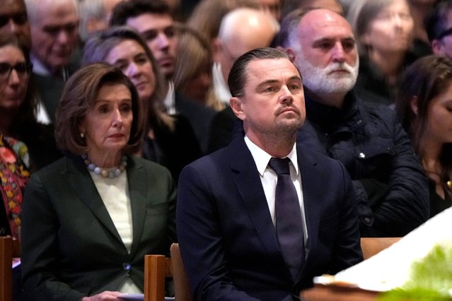 U.S. Rep. Nancy Pelosi (D-CA), Actor and environmentalist Leonardo DiCaprio and Chef José Andrés attend the funeral service for conservationist Dr. Jane Goodall at the Washington National Cathedral on November 12, 2025 in Washington, DC. Goodall, who passed away on October 1, 2025 at the age of 91, spent more than six decades of her career dedicated to the study of wild chimpanzees. (Photo by Anna Moneymaker/Getty Images)