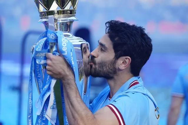 Manchester City's Ilkay Gundogan celebrates Premier League title after the English Premier League soccer match between Manchester City and Chelsea at the Etihad Stadium in Manchester, England, Sunday, May 21, 2023. (Photo by Jon Super/AP Photo)