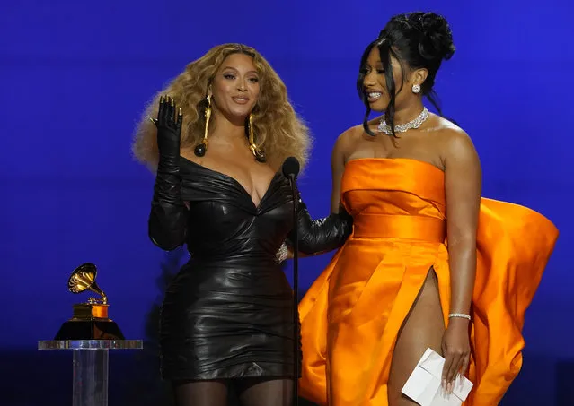 Beyonce, left, and Megan Thee Stallion accept the award for best rap song for “Savage” at the 63rd annual Grammy Awards at the Los Angeles Convention Center on Sunday, March 14, 2021. (Photo by Chris Pizzello/AP Photo)
