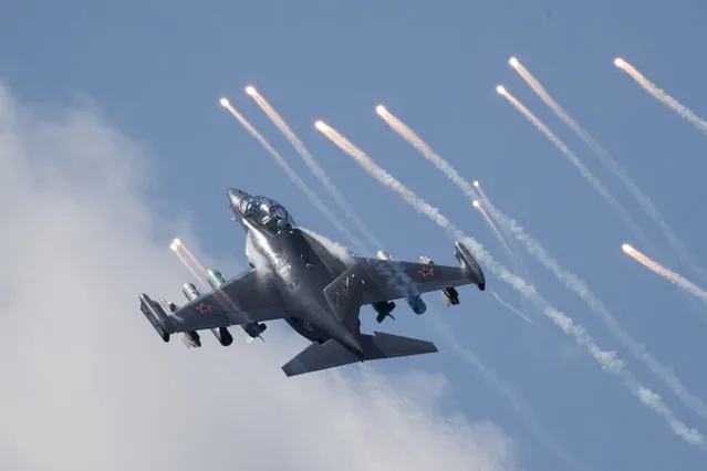 A Yak-130 performs during the MAKS-2017 International Aviation and Space Show in Zhukovsky, outside Moscow, Russia, on July 21, 2017. Russia is likely to cancel this year’s Moscow air show, which for decades has been a major venue for showing off new warplanes and negotiating aerospace contracts, a top official of its organizing agency said Friday June 23, 2023. (Photo by Alexander Zemlianichenko Jr,/AP Photo/File)