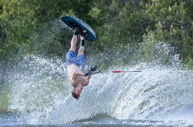 Chris Horwood of British Columbia during tricks during the Canadian National Water Ski Championships at the Shalom Park on August 12, 2023 in Leduc, Alberta, Canada. (Photo by Johnny Hayward/Getty Images)