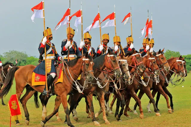 Indian army soldiers march in mounted parade with their horses during the centenary celebration of Battle of Haifa 1918-2018 , at 61 Cavalry Ground in Jaipur, Rajasthan, India on September 22, 2018.Haifa Day is celebrated every year to celebrate the liberation of Haifa by mounted Cavalry charge by the Indian soldiers led by Major Dalpat Singh on 23rd Sept,1918 from the occupation of Turks. (Photo by Vishal Bhatnagar/NurPhoto/Sipa Press USA)