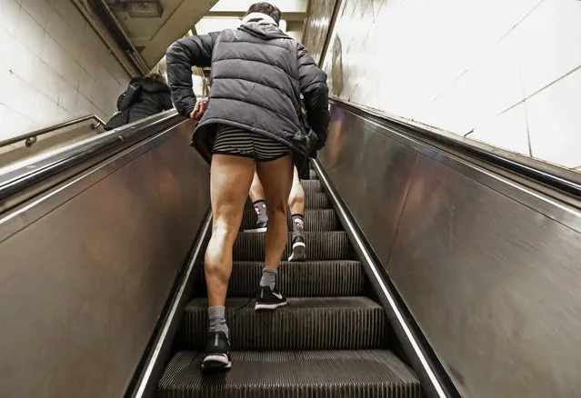 A man climbs an escalator while transferring trains during the 18th annual No Pants Subway Ride, Sunday, Jan. 13, 2019, in New York. The pantless prank began in New York but is now staged in multiple cities across the world. The only two requirements are that participants be willing to remove their pants on the subway and keep a straight face about it at the same time. (Photo by Kathy Willens/AP Photo)