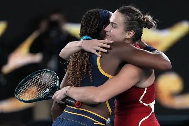 Aryna Sabalenka, right, of Belarus is congratulated by Coco Gauff of the U.S. following their semifinal match at the Australian Open tennis championships at Melbourne Park, Melbourne, Australia, Thursday, January 25, 2024. (Photo by Alessandra Tarantino/AP Photo)