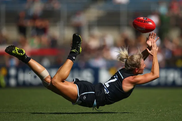 Katie Loynes of the Blues attempts to mark the ball during the AFLW Preliminary Final match between the Carlton Blues and the Fremantle Dockers at Ikon Park on March 23, 2019 in Melbourne, Australia. (Photo by Mike Owen/Getty Images)