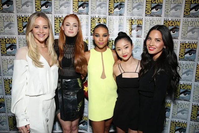 Jennifer Lawrence, Sophie Turner, Alexandra Shipp, Lana Condor and Olivia Munn seen at the Twentieth Century Fox Presentation at 2015 Comic Con on Saturday, July 11, 2015, in San Diego. (Photo by Eric Charbonneau/Invision for Twentieth Century Fox/AP Images)