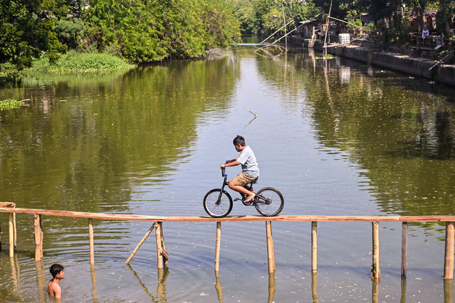 A child takes part in a bicycle balance competition over a plank on a river, part of community festivities ahead of the 79th anniversary of Indonesia's Independence Day, in Surabaya on August 11, 2024. (Photo by Juni Kriswanto/AFP Photo)