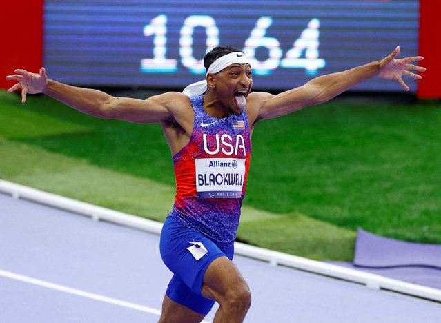 Jaydin Blackwell of United States celebrates after setting a new world record to win gold in the men's 100m T38 in Saint-Denis, France on August 31, 2024. (Photo by Christian Hartmann/Reuters)