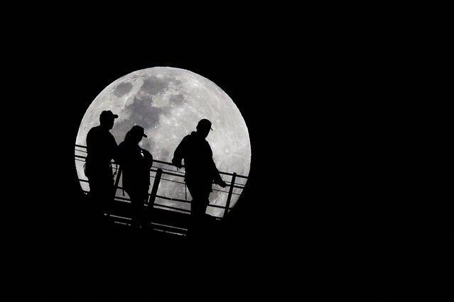 Climbers are silhouetted against the full moon as they descend from the summit of the Sydney Harbour Bridge on September 17, 2024. (Photo by Saeed Khan/AFP Photo)