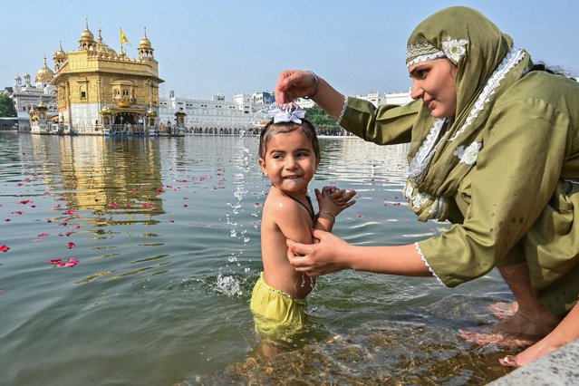 A Sikh child takes a dip in the holy sarovar (lake) of Golden Temple, on the eve of the birth anniversary of fourth Sikh Guru Ramdas in Amritsar on October 18, 2024. (Photo by Narinder Nanu/AFP Photo)