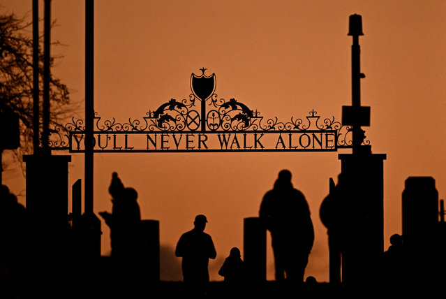 Fans at the Shankly Gates before Liverpool’s Carabao Cup semi-final against Tottenham at Anfield on Thursday, February 6, 2025 in Liverpool. (Photo by Dylan Martinez/Reuters)