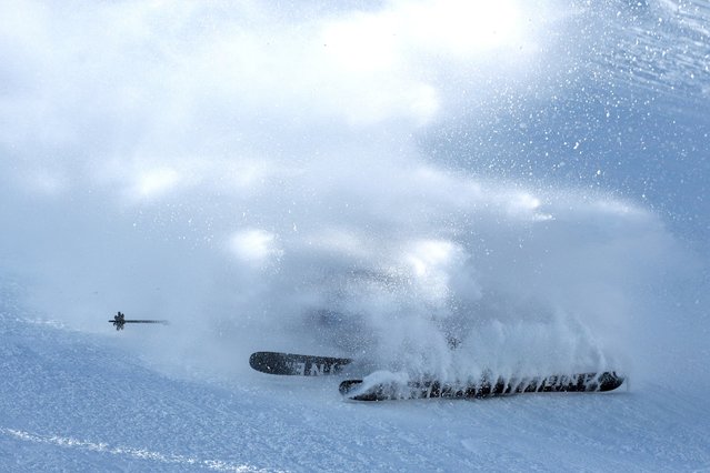 Kuwait's Salman Alkandari falls while competing in the men's freeski slopestyle final run during the Harbin 2025 Asian Winter Games at Freeski Aerials Stadium, Yabuli, China on February 11, 2025. (Photo by Hannah Mckay/Reuters)