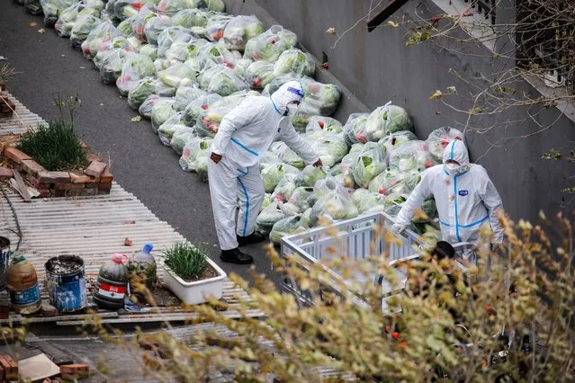 Volunteer health workers prepare bags of vegetables for residents under lockdown in Beijing, China, 28 November 2022. According to the National Health Commission, China has reported 36,525 new COVID-19 cases on 28 November, making it a record high for the fifth consecutive day as the country continues to contain outbreaks in several cities such as Guangzhou and Chongqing in the south. (Photo by Wu Hao/EPA/EFE)