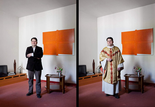 Jean-Marc is a priest. In this “Workwears” series, photographer Bruno Fert uses juxtaposition to challenge viewers’ stereotypes. (Photo by Bruno Fert/Picturetank)