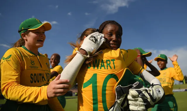 Karabo Meso of South Africa wipes away tears as they celebrate after the ICC Women's U19 T20 World Cup 2023 match between and at Willowmoore Park on January 16, 2023 in Benoni, South Africa. (Photo by Alex Davidson-ICC/ICC via Getty Images)