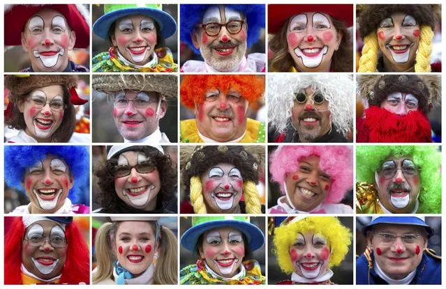 Clowns pose for portraits in this combination image before the Macy's Thanksgiving Day Parade in New York November 27, 2014. (Photo by Carlo Allegri/Reuters)