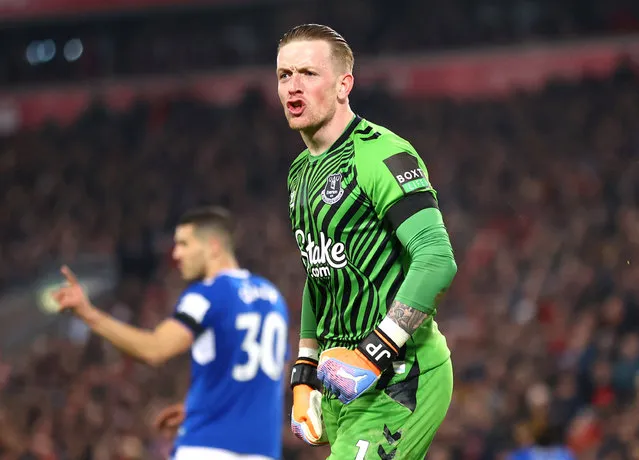 Everton goalkeeper Jordan Pickford during the Premier League match between Everton FC and Arsenal FC at Goodison Park on February 4, 2023 in Liverpool, United Kingdom. (Photo by Carl Recine/Reuters)