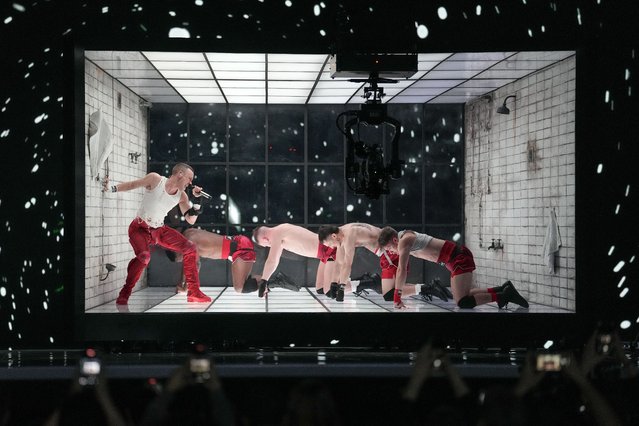 Olly Alexander of United Kingdom performs the song Dizzy during the dress rehearsal for the first semifinal at the Eurovision Song Contest in Malmo, Sweden, Monday, May 6, 2024. (Photo by Martin Meissner/AP Photo)